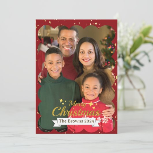 Mooie familie foto vrolijk kerstfeest wens feestdagenkaart (Staand voorkant)