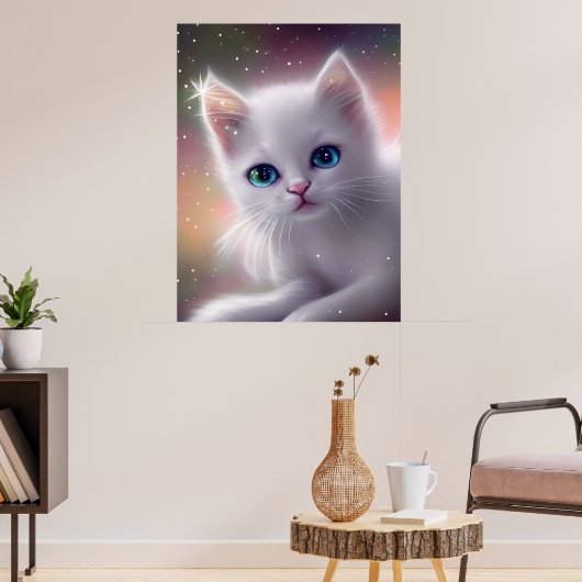 Mooie Fantasie Witte Pluizige Kat Poster (Woonkamer 3)