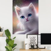 Mooie Fantasie Witte Pluizige Kat Poster (Thuiskantoor)