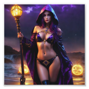 Mooie Fantasy Warlock met Scepter Babe Foto Afdruk