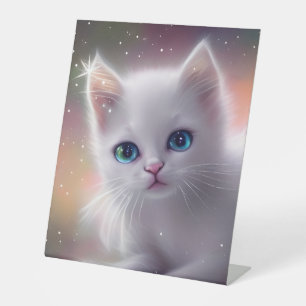 Mooie Fantasy Witte pluizige kat Reclamebord Met Voetstuk