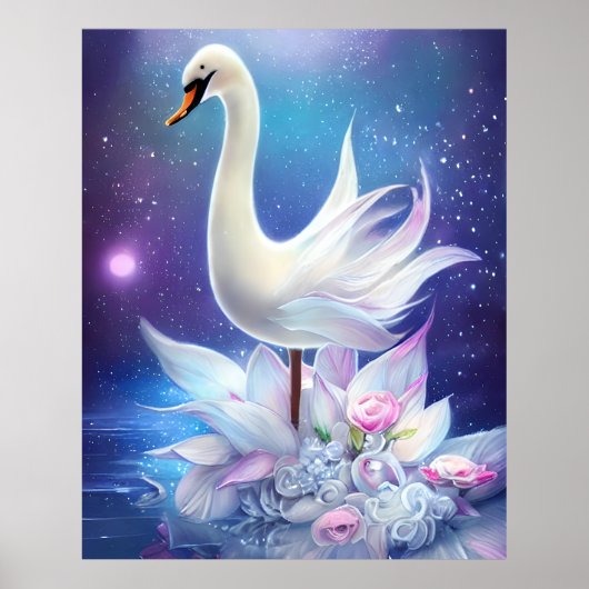 Mooie Fantasy Witte Zwaan met Bloemen Poster (Voorkant)
