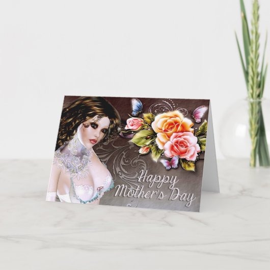 Mooie Fantasy Woman & Rozen Moederdag Kaart (Voorkant)