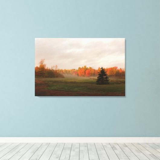 Mooie Farmland Misty Morning Serenity Canvas Afdruk (Insitu (Houten vloer))