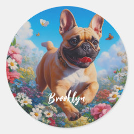 Mooie Fawn Franse Bulldog & Bloemen Ronde Sticker