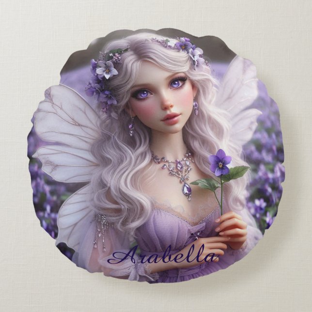 Mooie februari Fairy in Violets Rond Kussen (Voorkant)