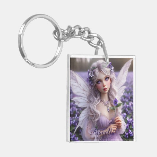 Mooie februari Fairy in Violets Sleutelhanger (Voorkant Links)