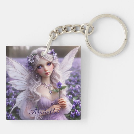 Mooie februari Fairy in Violets Sleutelhanger (Achterkant)