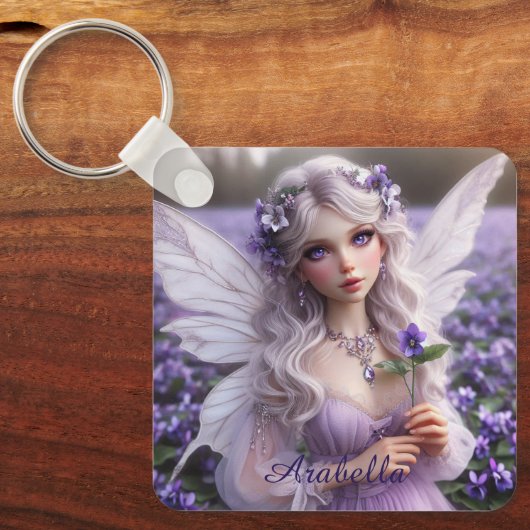 Mooie februari Fairy in Violets Sleutelhanger (Voorkant)