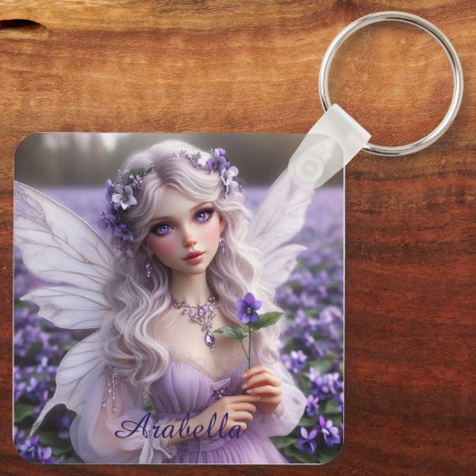 Mooie februari Fairy in Violets Sleutelhanger (Achterkant)