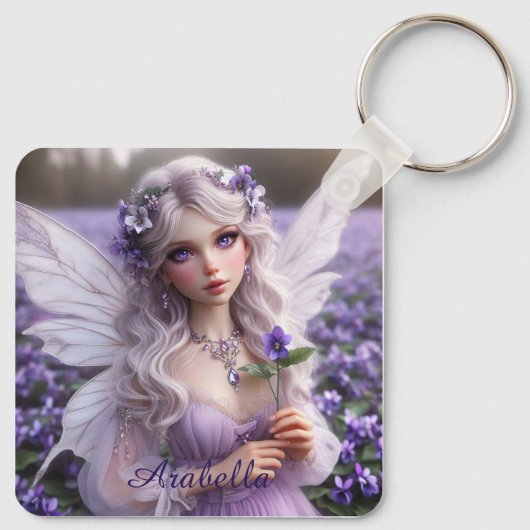 Mooie februari Fairy in Violets Sleutelhanger (Achterkant)