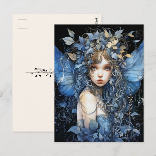 Mooie fee blauwe vleugels wijnstokken en bladeren briefkaart (Voorkant / Achterkant)