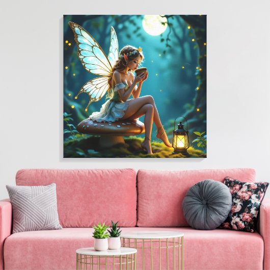 Mooie fee Drink koffie betoverd bos Canvas Afdruk (Insitu (Woonkamer))