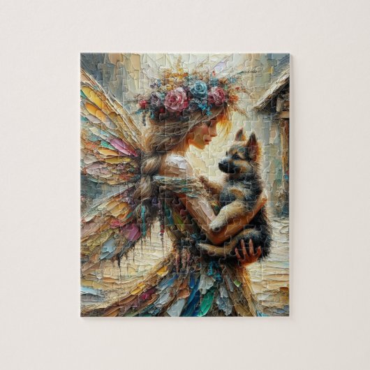 Mooie fee en Duitse herder puppy Legpuzzel (Verticaal)