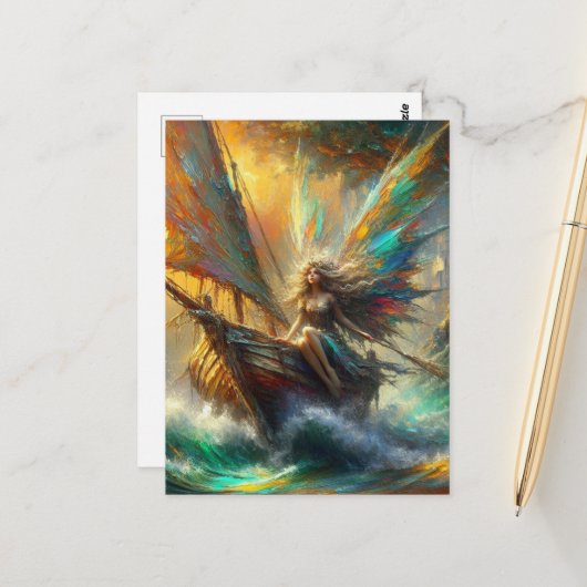 Mooie fee in een zeilboot briefkaart (Voorkant / Achterkant in situ)