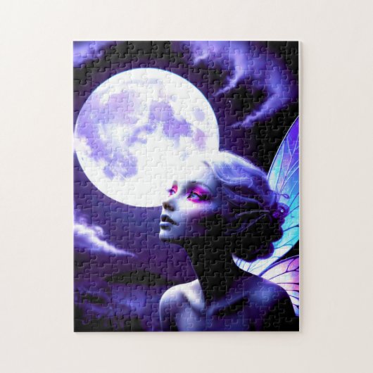 Mooie fee kijkt omhoog naar volle maan legpuzzel (Verticaal)