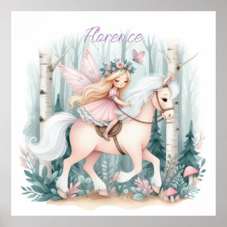 Mooie fee meisje rijden in een betoverd bos poster