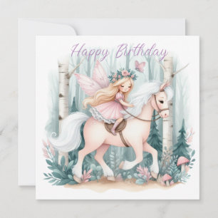 Mooie fee meisje rijdend in een betoverd bos feestdagenkaart