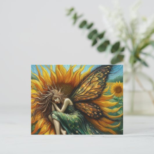 Mooie fee Slapen in een Zonnebloem Briefkaart (Staand voorkant)
