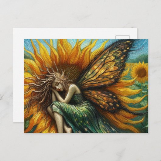 Mooie fee Slapen in een Zonnebloem Briefkaart (Voorkant / Achterkant)