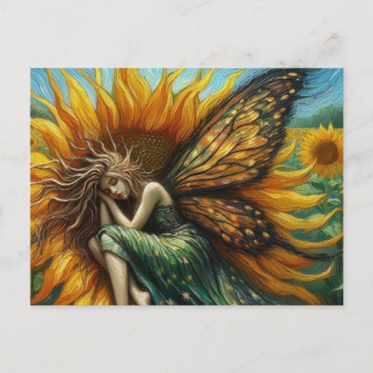Mooie fee Slapen in een Zonnebloem Briefkaart (Voorkant)