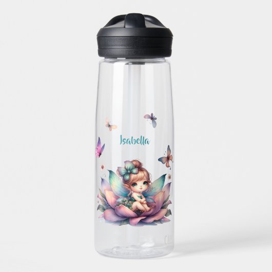 Mooie fee zittend in een bloem waterfles (Voorkant)