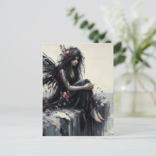 Mooie fee Zittend op een klif Dragen Zwart Briefkaart (Staand voorkant)