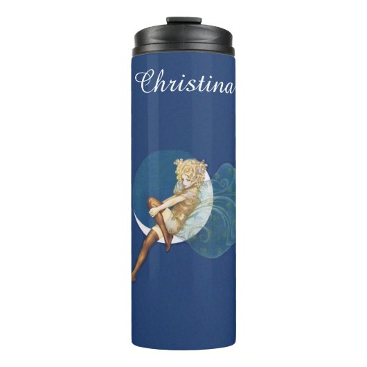 Mooie fee Zittend op Moon Silk Stocking Blue Thermosbeker (Voorkant)