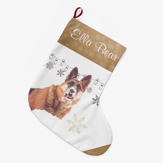 Mooie feestdag Duitse herder in sneeuw Grote Kerstsok (Voorkant (Hangend))