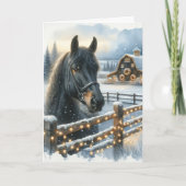 Mooie Feestelijke Zwarte Paard op Boerderij Kerst Kaart (Voorkant)
