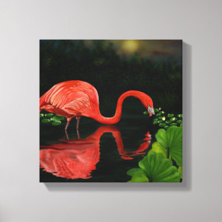 Mooie Flamingo in Pond Wrapped Canvas Afdruk