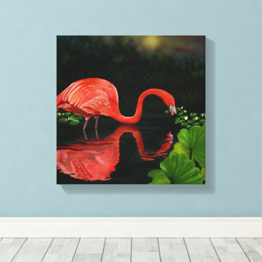 Mooie Flamingo in Pond Wrapped Canvas Afdruk (Insitu (Houten vloer))
