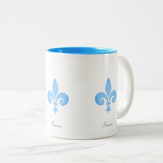Mooie Fleur-de-lis-ventilator in Turquoise Tweekleurige Koffiemok (Voorkant rechts)