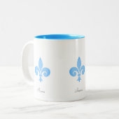 Mooie Fleur-de-lis-ventilator in Turquoise Tweekleurige Koffiemok (Voorkant links)