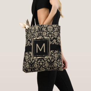 Mooie Floral Black en Gold Damask Tote Bag