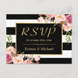 Mooie Floral Black White Stripes Weddenschap RSVP Uitnodiging Briefkaart