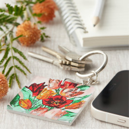 Mooie Floral Bouquet Tulips Black Outline Art Sleutelhanger