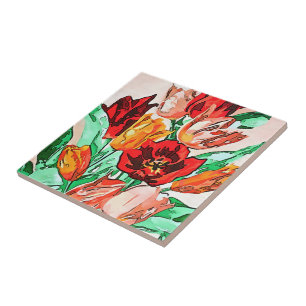 Mooie Floral Bouquet Tulips Black Outline Art Tegeltje