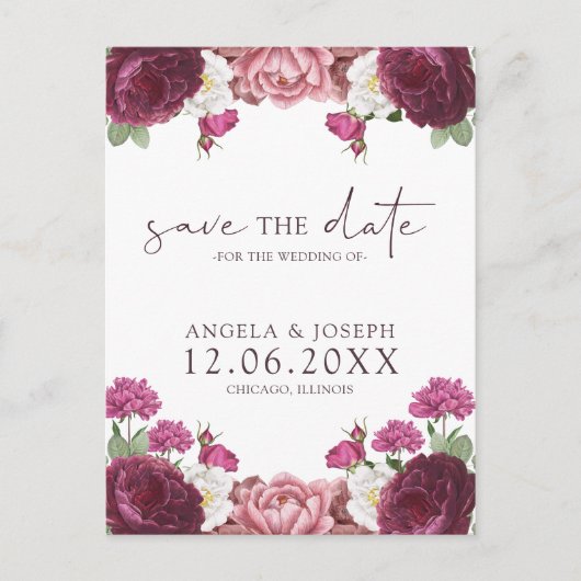 Mooie Floral Bourgondische bruiloft Save the Date Aankondigingskaart (Voorkant)