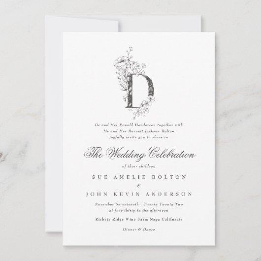 Mooie Floral 'D' Monogram Sketched Wedding Kaart (Voorkant)