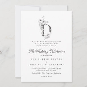 Mooie Floral 'D' Monogram Sketched Wedding Kaart
