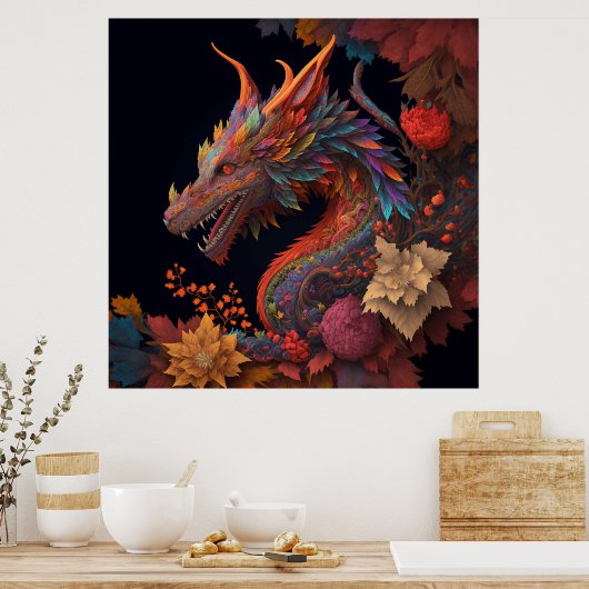 Mooie Floral Dragon Poster (Keuken)