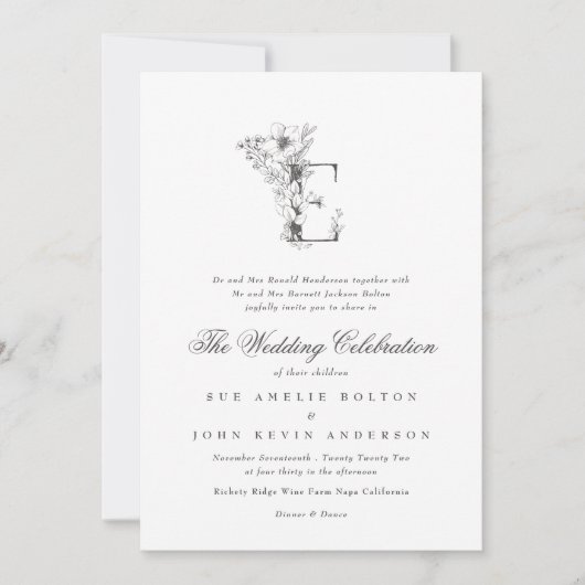 Mooie Floral E Monogram Sketched Wedding Kaart (Voorkant)