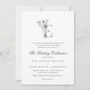 Mooie Floral E Monogram Sketched Wedding Kaart