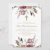 Mooie Floral en Cross First Heilige Communie Aankondiging (Voorkant)