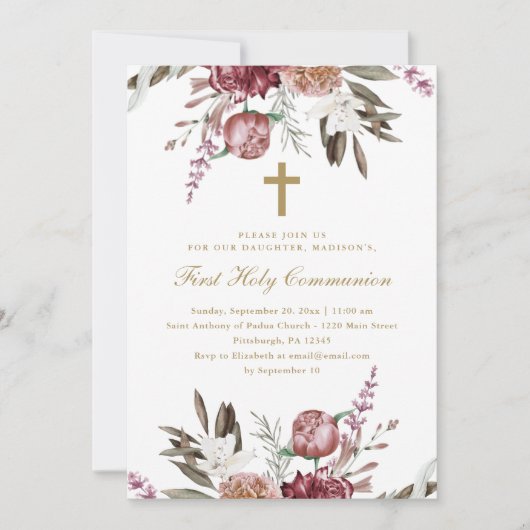Mooie Floral en Cross First Heilige Communie Aankondiging (Voorkant)