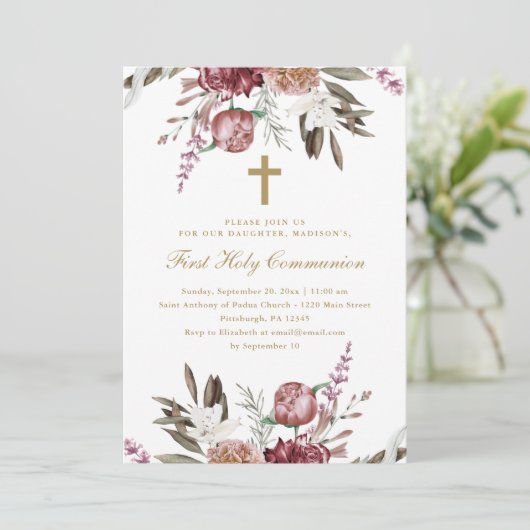 Mooie Floral en Cross First Heilige Communie Aankondiging (Staand voorkant)
