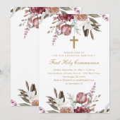Mooie Floral en Cross First Heilige Communie Aankondiging (Voorkant / Achterkant)