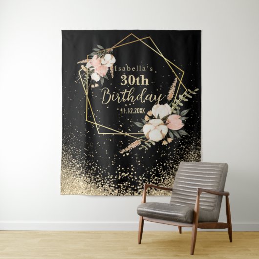 Mooie Floral en Gold Glitter Birthday Wandkleed (In situ)