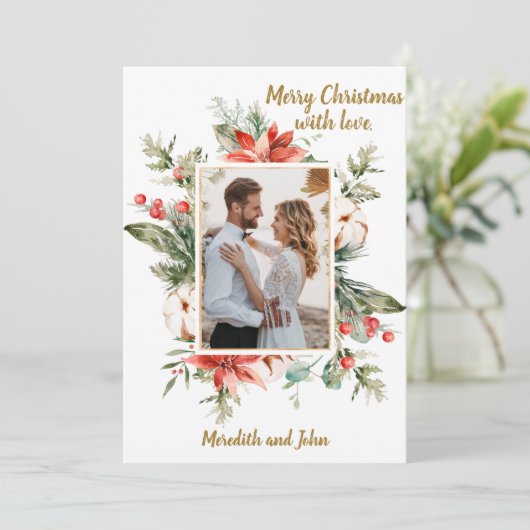 Mooie Floral foto krans kerst Kaart (Staand voorkant)